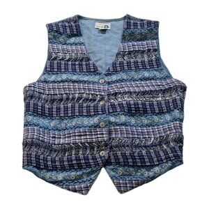 Paul Harris Design Vest Women S Blue Cotton Boho Button Embroidery Patchwork VTG